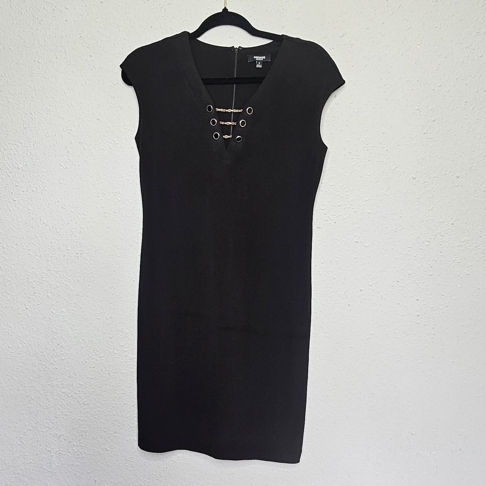 Premise Dresses Black Sheath Dress V-Neck Gold Chain Detail Sleeveless Size S